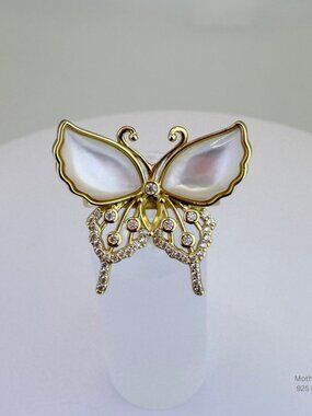 Handmade Jewelry Mother of Pearl Butterfly Ring 925 Gold Size 7 Resizable
